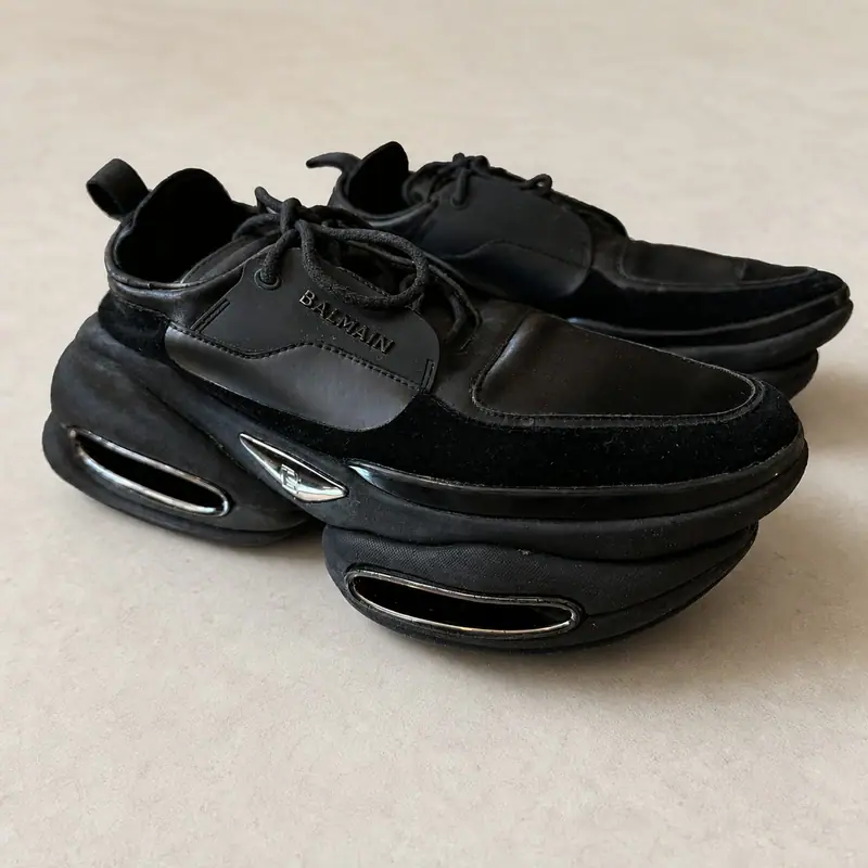 Balmain B-Bold black leather suede and nylon trainers size 43