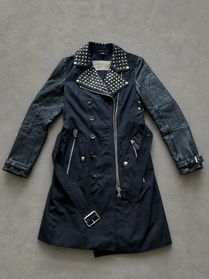 Burberry Brit Black Studded Leather Sleeve Trench Coat UK8