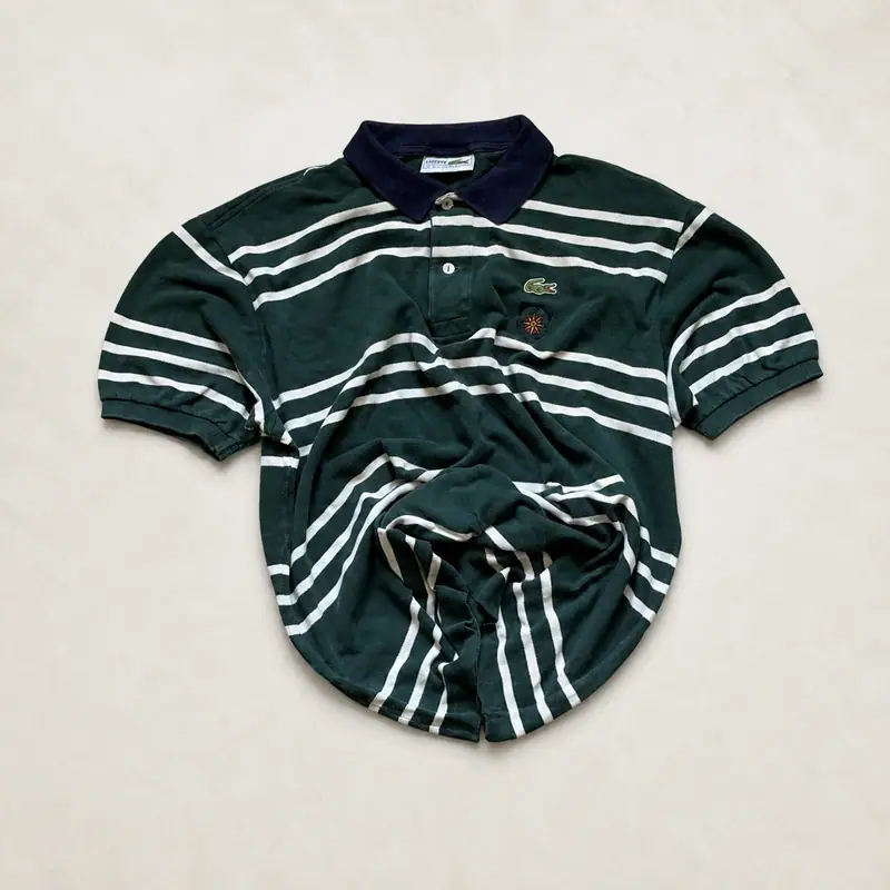 Chemise Lacoste vintage striped polo, green and white, embroidered crest, size 7