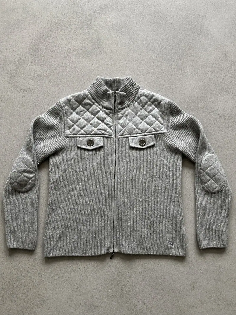 Burberry London Grey Wool Half-Zip Jumper Quilted Elbow Patches 46